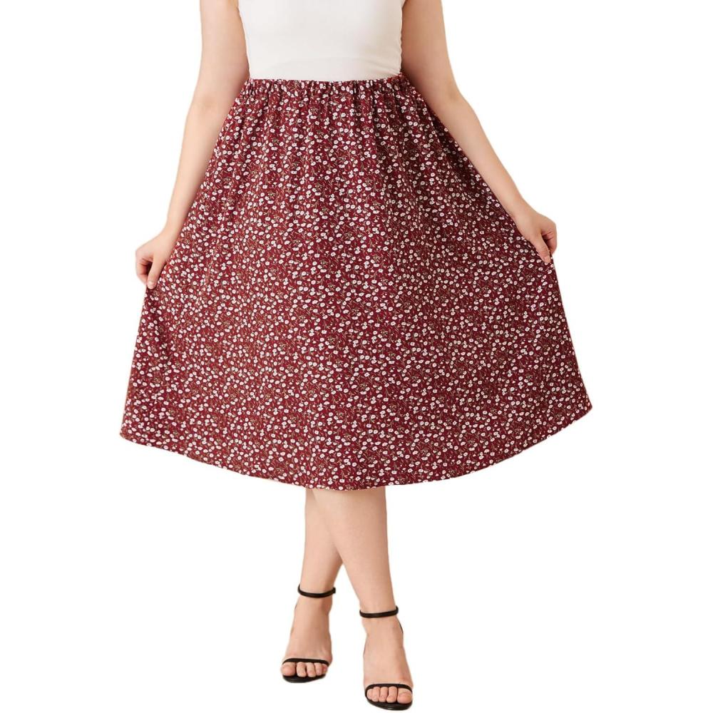 imageSOLY HUX Womens Plus Size Vintage High Waist A Line Flared Midi Skirt Floral Print Casual Long SkirtsRed Floral
