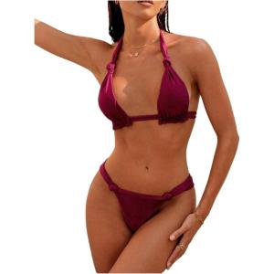 imageSOLY HUX Bathing Suit for Women Halter Triangle Knot Bikini Set Two Piece SwimsuitSolid Burgundy
