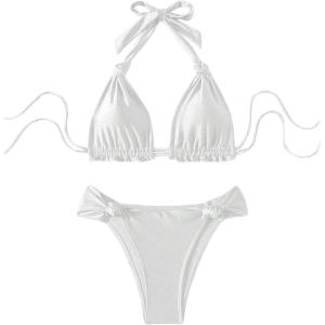 imageSOLY HUX Bathing Suit for Women Halter Triangle Knot Bikini Set Two Piece SwimsuitSolid White