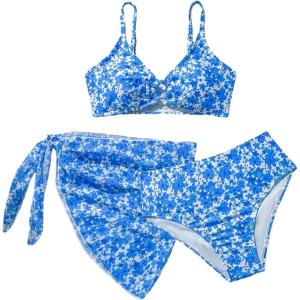 imageSOLY HUX Girls Swimsuit Set Cute Floral Print High Waisted Bikinis Bathing Suit with Cover Up SkirtsBlue Floral