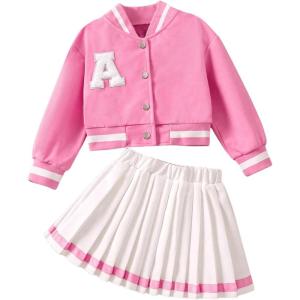 imageSOLY HUX Toddler Girls 2 Piece Outfits Letter Graphic Long Sleeve Varsity Jacket and Pleated Skirt Set Preppy ClothesHotpink Letter
