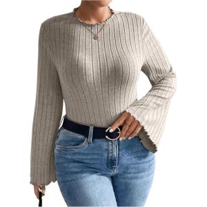 imageSOLY HUX Womens Plus Size Bodysuit Mock Neck Bell Long Sleeve Bodysuit T Shirt TopsPure Grey