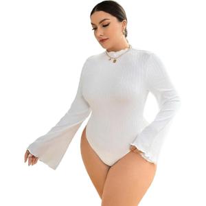 imageSOLY HUX Womens Plus Size Bodysuit Mock Neck Bell Long Sleeve Bodysuit T Shirt TopsPure White