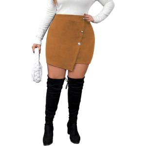 imageSOLY HUX Womens Plus Size Button Front Wrap Asymmetrical Hem Bodycon Skirt High Waist Mini SkirtsPure Khaki