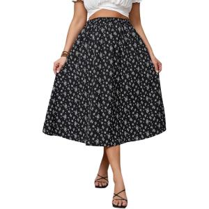 imageSOLY HUX Womens Plus Size Vintage High Waist A Line Flared Midi Skirt Floral Print Casual Long SkirtsBlack