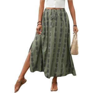 imageSOLY HUX Womens Summer Boho Print Split Skirt Tie Front High Waist A Line Long Skirts Green Printed Medium