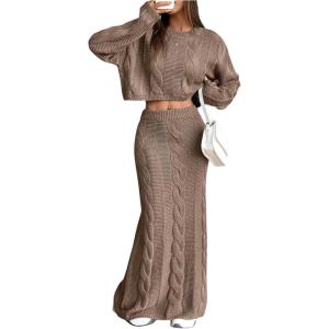 imageSOLY HUX Womens Sweater Outfits Set Cable Knit Long Sleeve Crop Top Bodycon Maxi Skirts 2 Piece SetsPure Khaki