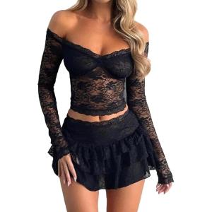 imageSOLY HUX Womens Y2k Floral Lace Ruffle Mini Skirts Sexy Sheer Layered Short Skirt ClubwearPure Black