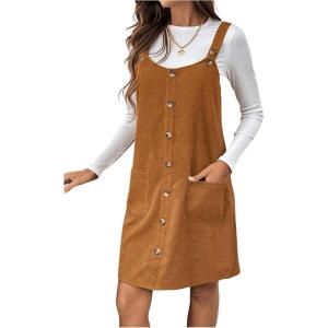 imageSOLY HUX Womens Corduroy Overall Dress Button Front Sleeveless Pinafore Short Dresses with PocketsPure Coffee Brown