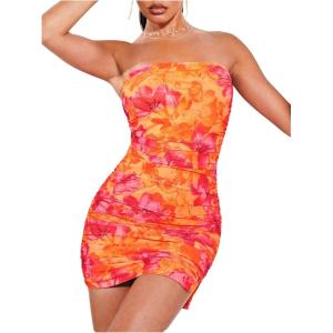 imageSOLY HUX Womens Floral Tube Dress Summer Strapless Bodycon Mini Dress Party ClubwearOrange Printed