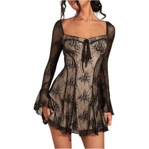 imageSOLY HUX Womens Lace Mesh Flare Long Sleeve Mini Dress Ruffle Flowy Party Cocktail DressesBlack Lace