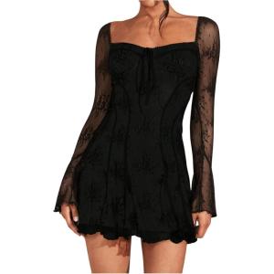 imageSOLY HUX Womens Lace Mesh Flare Long Sleeve Mini Dress Ruffle Flowy Party Cocktail DressesPure Black