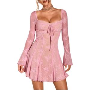 imageSOLY HUX Womens Lace Mesh Flare Long Sleeve Mini Dress Ruffle Flowy Party Cocktail DressesPure Pink