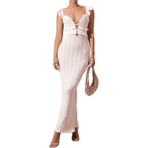 imageSOLY HUX Womens Maxi Dress Crochet Ruffle Sleeveless Backless Bodycon Long DressesPure White