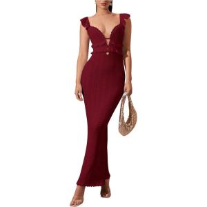 imageSOLY HUX Womens Maxi Dress Crochet Ruffle Sleeveless Backless Bodycon Long DressesSolid Burgundy