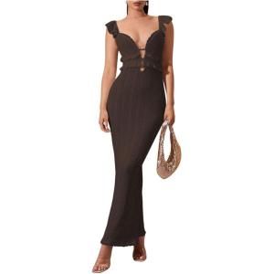 imageSOLY HUX Womens Maxi Dress Crochet Ruffle Sleeveless Backless Bodycon Long DressesSolid Coffee Brown