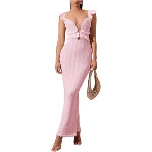 imageSOLY HUX Womens Maxi Dress Crochet Ruffle Sleeveless Backless Bodycon Long DressesSolid Coral Pink