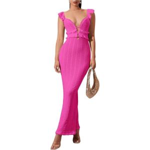 imageSOLY HUX Womens Maxi Dress Crochet Ruffle Sleeveless Backless Bodycon Long DressesSolid Hotpink