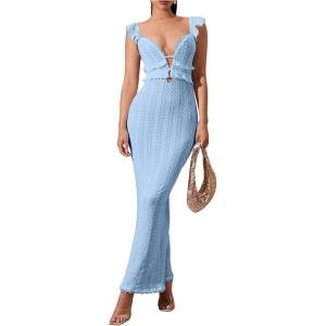 imageSOLY HUX Womens Maxi Dress Crochet Ruffle Sleeveless Backless Bodycon Long DressesSolid Light Blue