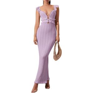 imageSOLY HUX Womens Maxi Dress Crochet Ruffle Sleeveless Backless Bodycon Long DressesSolid Mauve Purple