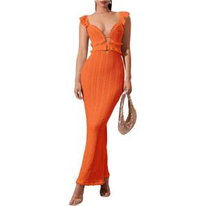 imageSOLY HUX Womens Maxi Dress Crochet Ruffle Sleeveless Backless Bodycon Long DressesSolid Orange