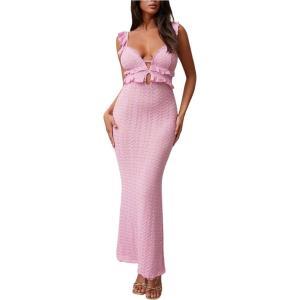 imageSOLY HUX Womens Maxi Dress Crochet Ruffle Sleeveless Backless Bodycon Long DressesSolid Pink