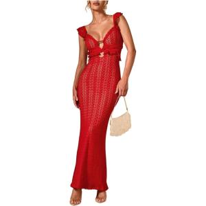 imageSOLY HUX Womens Maxi Dress Crochet Ruffle Sleeveless Backless Bodycon Long DressesSolid Red