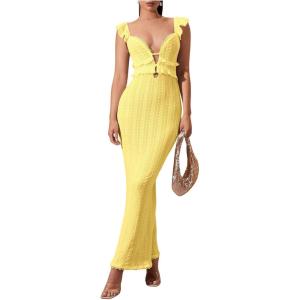 imageSOLY HUX Womens Maxi Dress Crochet Ruffle Sleeveless Backless Bodycon Long DressesSolid Yellow