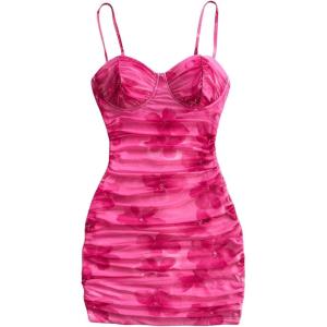 imageSOLY HUX Womens Summer Floral Corset Dress Spaghetti Strap Ruched Mesh Bodycon Vacation Mini DressesHot Pink