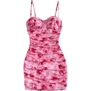 imageSOLY HUX Womens Summer Floral Corset Dress Spaghetti Strap Ruched Mesh Bodycon Vacation Mini DressesPink Floral