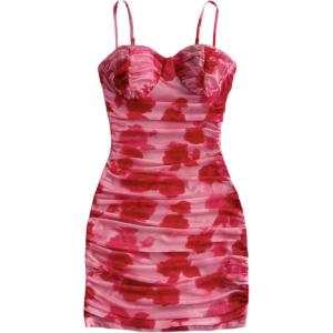 imageSOLY HUX Womens Summer Floral Corset Dress Spaghetti Strap Ruched Mesh Bodycon Vacation Mini DressesPink Printed
