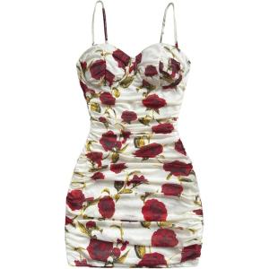 imageSOLY HUX Womens Summer Floral Corset Dress Spaghetti Strap Ruched Mesh Bodycon Vacation Mini DressesWhite Floral