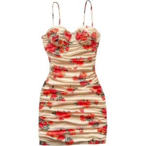 imageSOLY HUX Womens Summer Floral Corset Dress Spaghetti Strap Ruched Mesh Bodycon Vacation Mini DressesYellow Floral