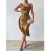 imageSOLY HUX Womens Metallic Bodycon Dresses Sexy Ruffle Asymmetrical Club Party Prom Midi DressPure Gold