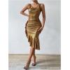 imageSOLY HUX Womens Metallic Bodycon Dresses Sexy Ruffle Asymmetrical Club Party Prom Midi DressPure Gold