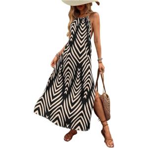 imageSOLY HUX Womens Boho Halter Neck Maxi Dress Sleeveless High Slit Backless Beach Vacation Flowy DressesBlack Chevron