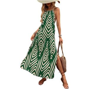 imageSOLY HUX Womens Boho Halter Neck Maxi Dress Sleeveless High Slit Backless Beach Vacation Flowy DressesGreen Chevron