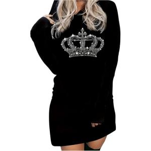 imageSOLY HUX Womens Long Sleeve Hoodies T Shirt Dress Crown Rhinestone Casual Short DressesBlack Crown
