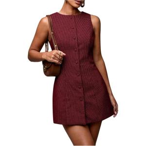 imageSOLY HUX Womens Plaid Button Down Dress Crew Neck Sleeveless Tie Back Work Office Mini DressesBurgundy Plaid