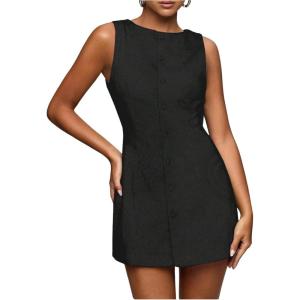 imageSOLY HUX Womens Plaid Button Down Dress Crew Neck Sleeveless Tie Back Work Office Mini DressesSolid Black
