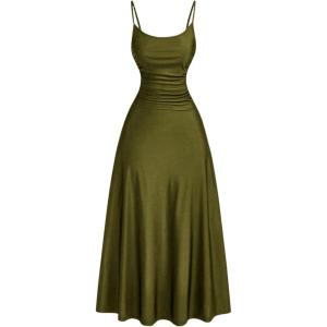 imageSOLY HUX Womens Sleeveless Cami Dress Spaghetti Strap Ruched A Line Flared Elegant Long DressesPure Army Green