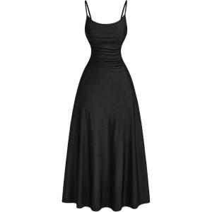 imageSOLY HUX Womens Sleeveless Cami Dress Spaghetti Strap Ruched A Line Flared Elegant Long DressesPure Black