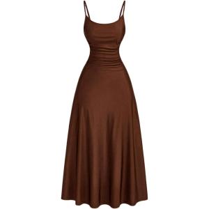 imageSOLY HUX Womens Sleeveless Cami Dress Spaghetti Strap Ruched A Line Flared Elegant Long DressesPure Brown