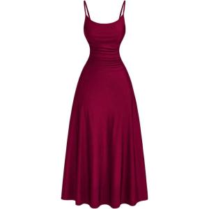 imageSOLY HUX Womens Sleeveless Cami Dress Spaghetti Strap Ruched A Line Flared Elegant Long DressesPure Burgundy