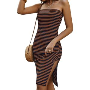 imageSOLY HUX Womens Strapless Tube Dresses Casual Summer Sun Dress Split Thigh Bodycon Midi DressesBrown and Black