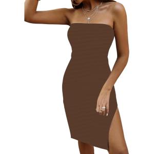 imageSOLY HUX Womens Strapless Tube Dresses Casual Summer Sun Dress Split Thigh Bodycon Midi DressesCoffee Brown