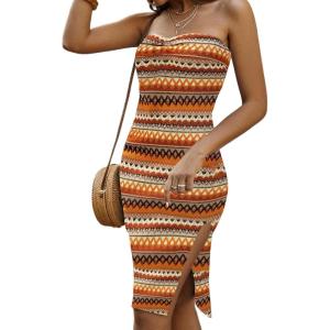 imageSOLY HUX Womens Strapless Tube Dresses Casual Summer Sun Dress Split Thigh Bodycon Midi DressesOrange Geo