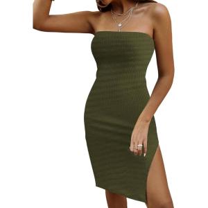 imageSOLY HUX Womens Strapless Tube Dresses Casual Summer Sun Dress Split Thigh Bodycon Midi DressesPure Army Green