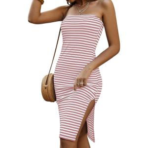 imageSOLY HUX Womens Strapless Tube Dresses Casual Summer Sun Dress Split Thigh Bodycon Midi DressesPure Pink