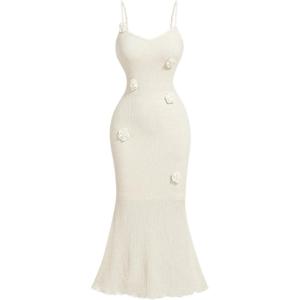 imageSOLY HUX Womens Summer Cami Midi Dress Floral Appliques V Neck Spaghetti Strap Bodycon DressesPlain Apricot